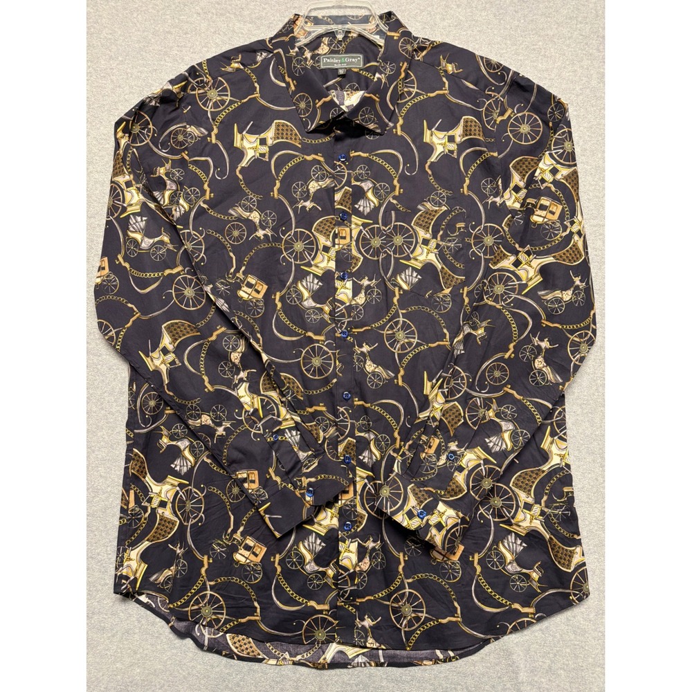 Paisley & Gray Mens 3XT Slim Fit Button Down Shirt Navy Equestrian CarriagePrint